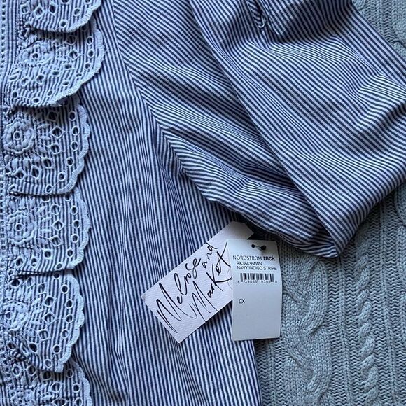 Navy Indigo Stripe Nautical Ruffle Embroidered Long Sleeve Cotton Office Blouse - Picture 8 of 13